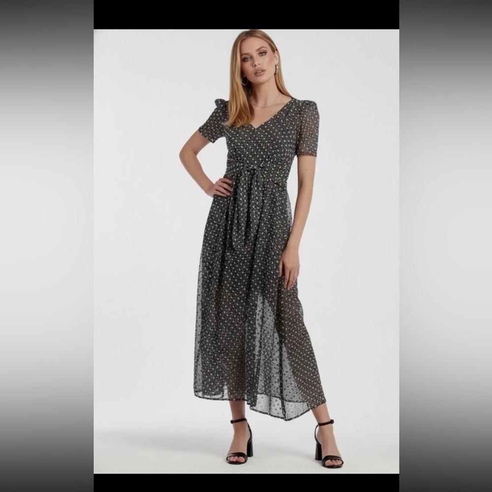 Calvin Klein Womens Floral V-Neck Short Sleeve Tie Maxi Dress Black White 6